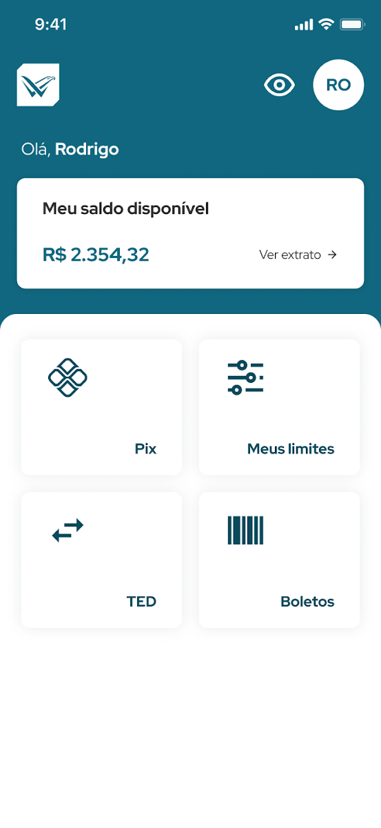 VB Pay Google Play screenshot showing the account overview with Pix, TED, and bill payment shortcuts.